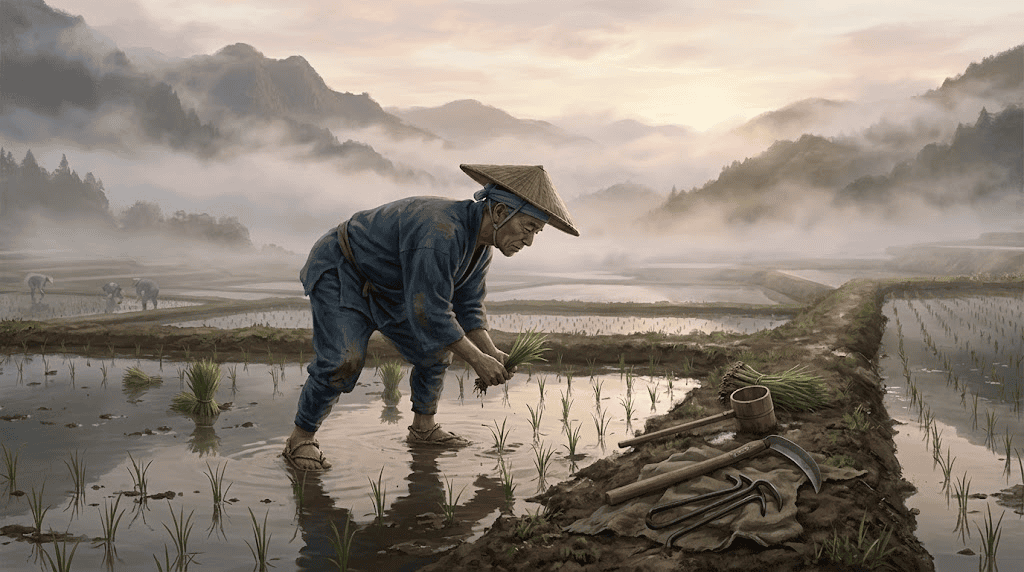 Ilustración conceptual de un shinobi disfrazado de campesino común
